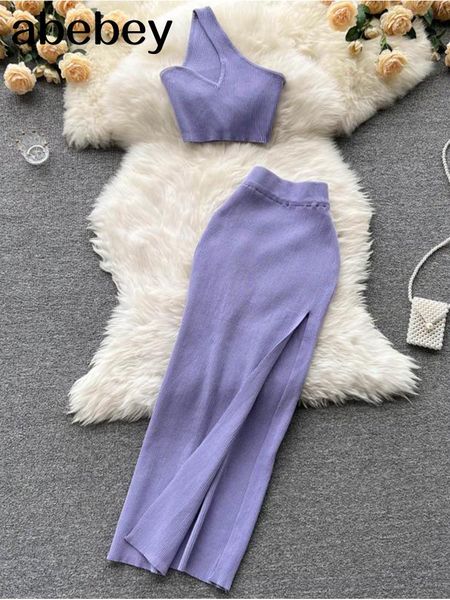 

dress 2022 purple summer women solid 2 piece one shoulder crop tanks slit midi skirt set bodycon party elegant outfit, White