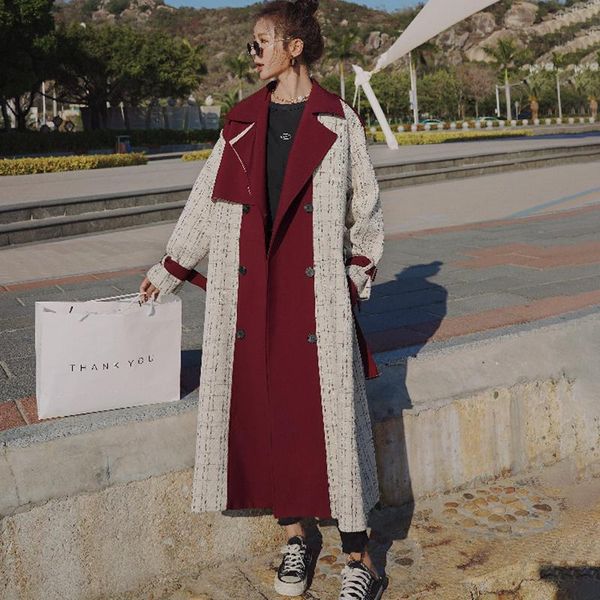 

fur women's windbreaker temperament long plaid stitching spring autumn new windproof korean loose ladies cloak fashion trench coat, Black