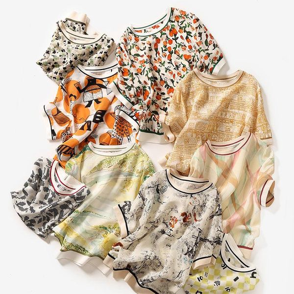 

t-shirt elegant ladies fashion printted short sleeve ice silk chiffon tshirt women allmatcing casual tee shirt femme, White