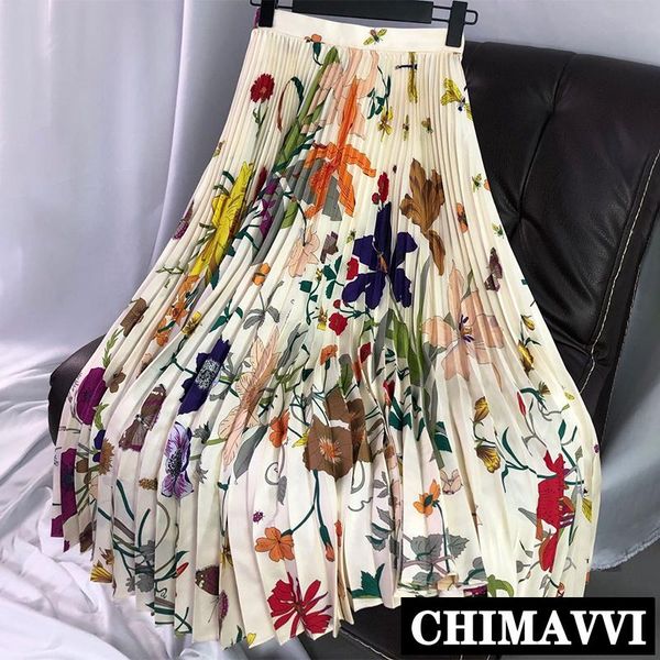 

dresses new spring and summer highend watercolor printed long pleated skirt women high waist slim ankle length skirts, White;black