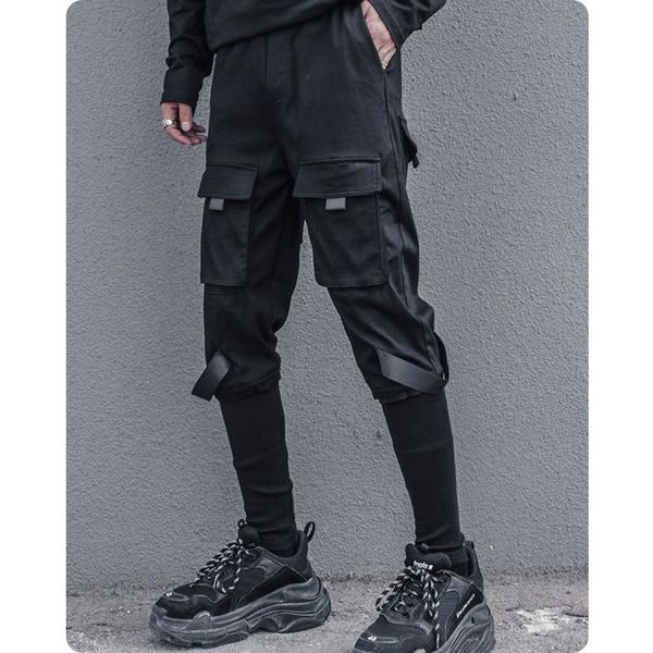

pants send decorative stitching false hip function more pockets stylist haroun pants men's two feet, Black
