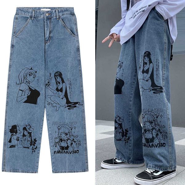

men's pants harajuku vintage anime girls loose jeans men y2k boyfriend college streetwear goic ro punk oversized pants women grunge g23, Black