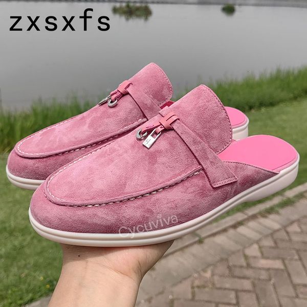 

slippers metal lock half women shoes slip on flat for mules round toe summer walk casual slides shoe 230421, Black