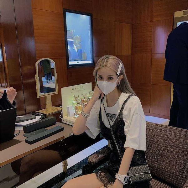 

26% off family spring/summer new fashion classic triangle t-shirt beaded lace strap tank skirt set, White