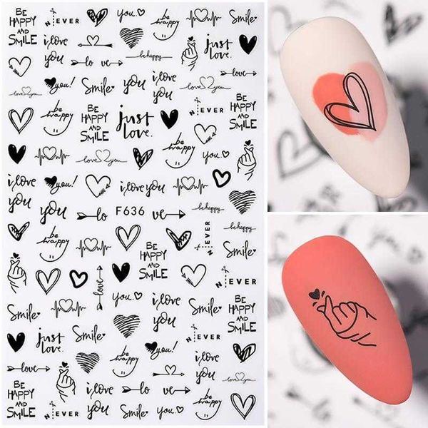

stickers decals 1sheet love english letters flower design 3d nail sticker girl theme nail water decal stickers decoration manicures j230420, Black