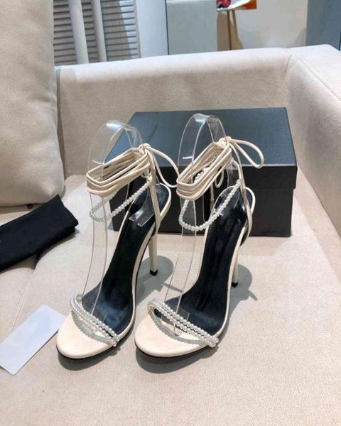 

2021 spring summer genuine leather pearl sandals with straps high heel round toe bridal crystal party wedding women shoes highend5950008, Black