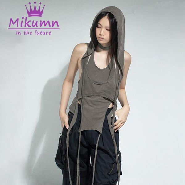 

tanks harajuku punk rock solid color nieregularne podkoszulki kobiety gothic grunge halter z kapturem z koronki up slim seksowna kamizel, Black;white