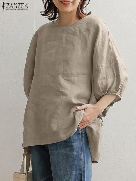 

t-shirt zanzea summer women 3/4 sleeve blouse fashion solid loose tunic casual ol work shirt ladies cotton blusas mujer oversize, White