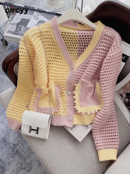

sweaters circyy women cardigan pink vneck hollow out sweater patchwork 2022 spring autumn korean fashion knitted clothes pockets coat, White;black
