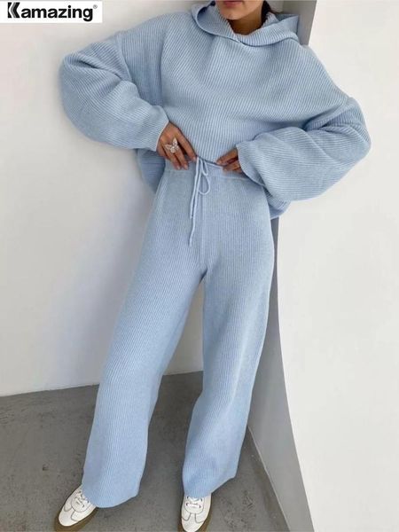 

pants women fashion knitted trousers two piece set casual hooded long sleeve sweatshirt pants set 2022 winter female outfits, White