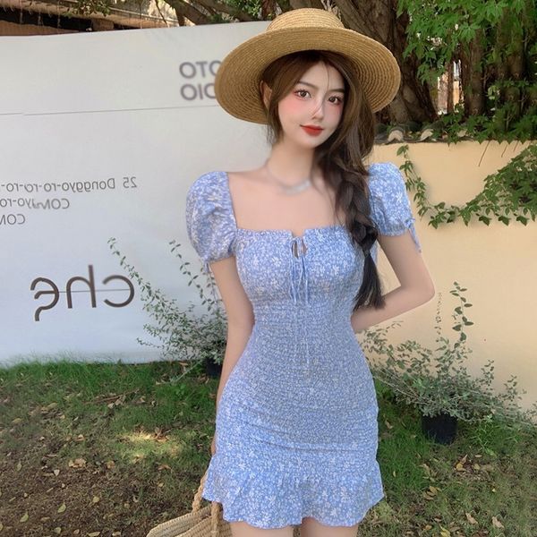 

casual dresses summer boho bodycon dress women tie neck floral print mini casual elegant puff sleeve party dresses y2k clothing 230421, Black;gray