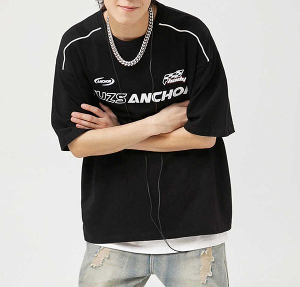 

fashion brand high street short sleeve t-shirt men's summer new american loose racing element, White;black
