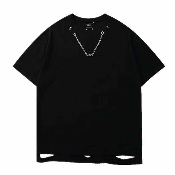 

26% off street hem with holes in loose round neck and short men's trendy hip-hop personality solid color chain half sleeved t-shirt, White;black