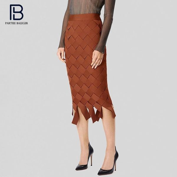 

dresses pb 2020 new trendy plaid design brown midi skirt celebrity party club bandage knee length bandage skirt, White;black