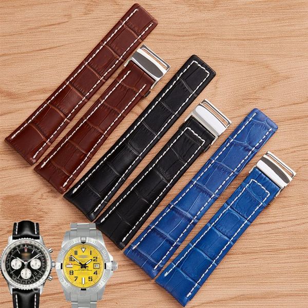 

watchband 22mm 24mm black brown blue watch band crocodile lines genuine leather strap stainless steel folding buckle suitable for 253b