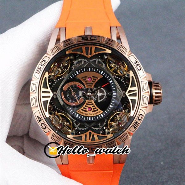 

version new excalibur 46 rddbex0367 automatic mens watch tourbillon skeleton dial rose gold case orange rubber watches hello 258f, Slivery;brown