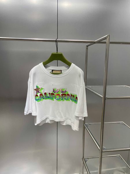 

23ss womens t-shirt womens designer clothing tee round neck pure cotton heavy industry glitter embroidery short style short sleeve t shirt w, White