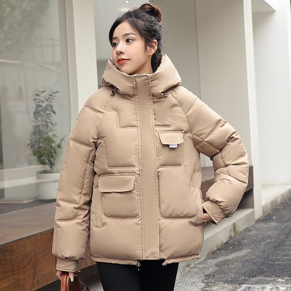

leather autumn winter thicken warm parka women big pocket solid color loose hooded coat cotton padded jackets outwear, Black