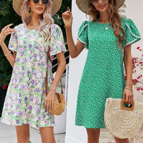 

summer womens dresses round neck tulip sleeve tassel lace printed dress for women, Black;gray