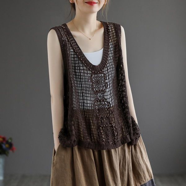 

tanks new women tanks sumemr style solid color hallow out nail bead vneck collar loose female fashion, Black;white
