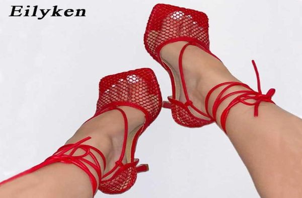 

eilyken design breathable mesh women pumps fashion hollow out high heels summer ankle strap sandals ladies shoes 2106248983462, Black