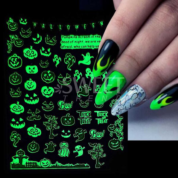 

stickers decals halloween nail stickers glow in the dark spider web bone ghost luminous 3d alien design slider for autumn manicure wraps sac, Black