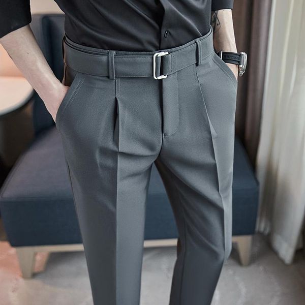 

blazers mens spring autumn belt decoration casual ankle length pants streetwear 2022 new fashion social business slim fit suit pants, White;black