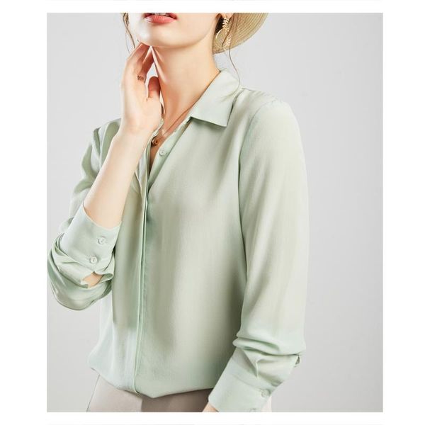 

polos crepe de chine hangzhou silk shirt women's long sleeve mulberry silk small shirt solid color women's office autumn new style, White