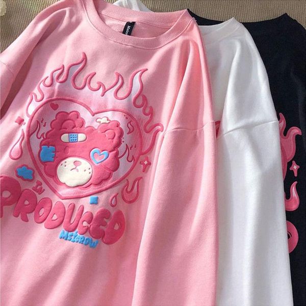 

t-shirt pink little bear anime graphic print kawaii tshirt women harajuku y2k long cute tee casual fairycore aesthetics alt clothes, White