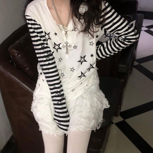 

t-shirt streetwear kawaii clothes long sleeve t shirt women harajuku anime punk star print casual striped y2k aesthetic grunge, White