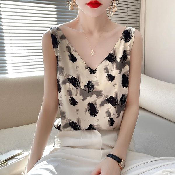 

tanks popular printed silk camisole ladies vneck suit inside bottoming thin vest women satin mulberry silk summer new style sling, Black;white
