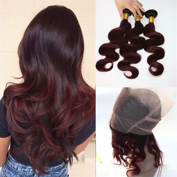 

360 lace frontal with bundles two tone dip dye burgundy 99j body wave ombre human hair weaves closure217q, Black;brown