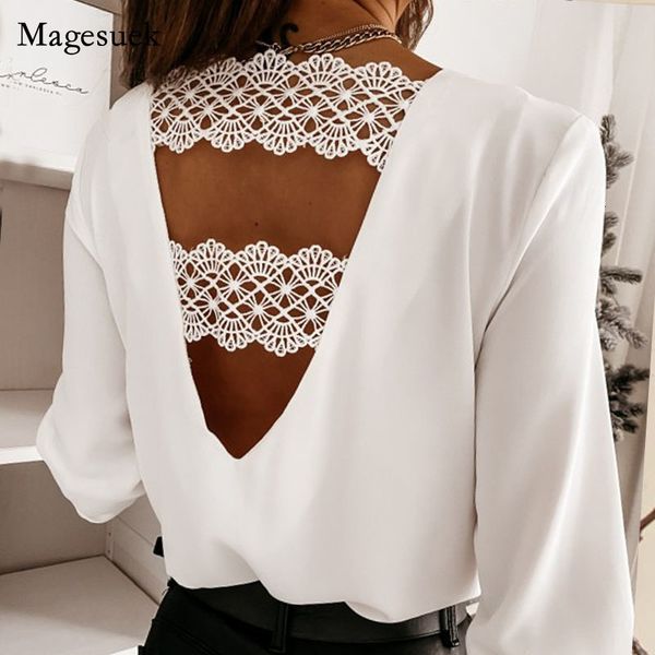 

women's blouses shirts chic back v-shaped hollow lace stitching pullover white blouse fashion v-neck autumn and winter long-sleeved shi