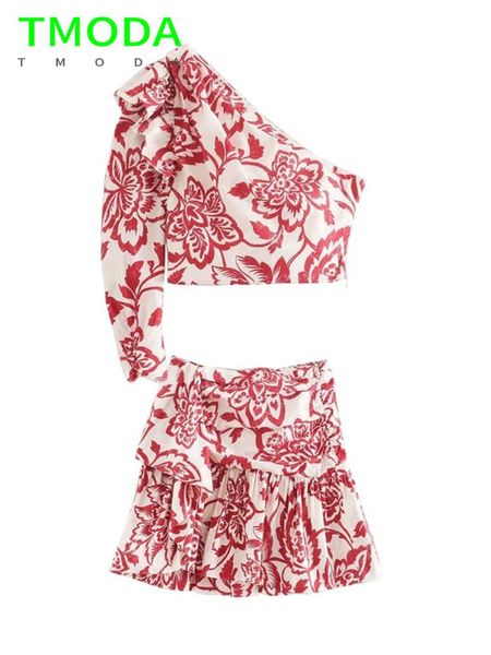 

dress tmoda women one shoulder pleated ruffles crop shirt totem flower print slim blouses floral pleated mini skirt two piece sets, White