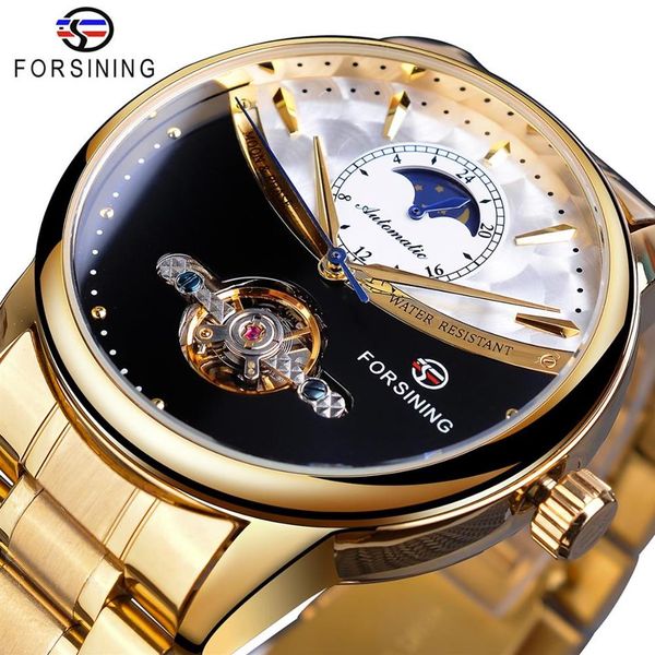 

forsining men watch automatic golden sun moon phase steel band tourbillon black white face business mechanical reloj hombre 2019266g, Slivery;brown