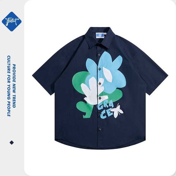 

2023 t shirt guochao street cityboy short sleeve shirt men's and women's ins fashion design sense floret cotton loose couple shirt, White;black