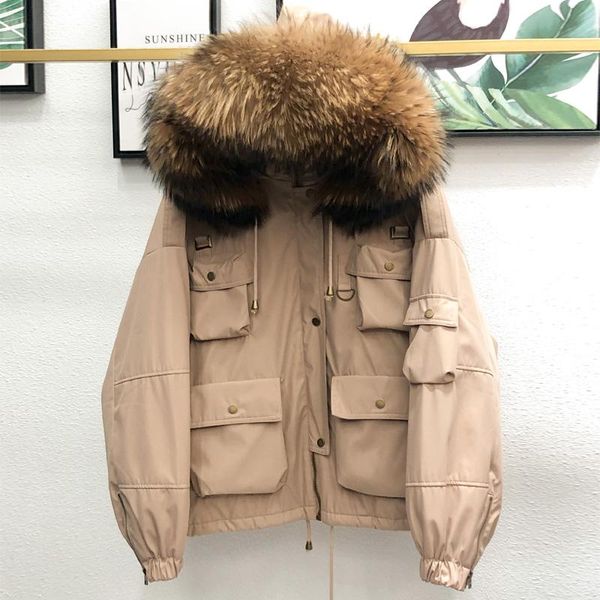 

parkas large natural raccoon fur women down coat winter thick 90% white duck down parka female hooded short jacket loose down outerwear, Black