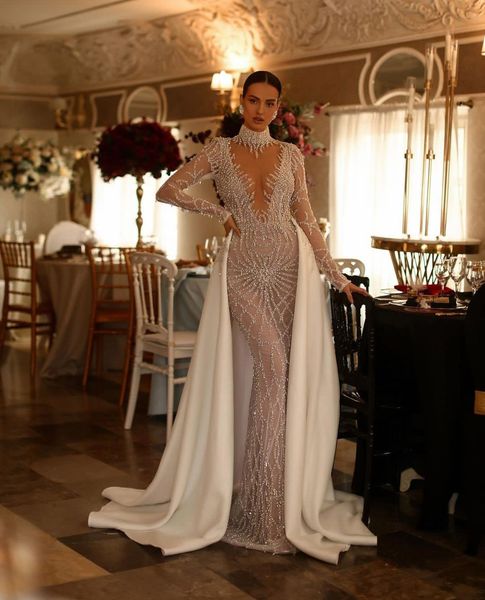 

luxury mermaid wedding dresses long sleeves v neck halter appliques sequins diamonds satin detachable train floor length bridal gowns custom, White