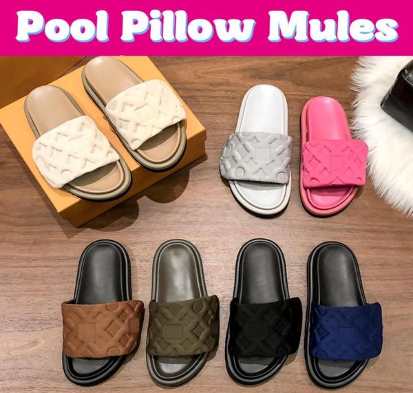 

2023 pool pillow slides slippers womens designer mules flat sandals shoes embossed mule pillow sliders mens platform slide summer 2306984, Black
