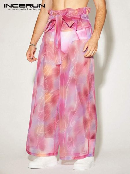 

pants incerun men wide leg pants mesh tie dye transparent lace up high waist streetwear loose trousers men 2022 fashion pantalon, Black