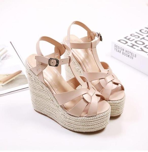 

designer sandals ladies wedge sandals knitted straw woven platform shoes luxury women slides size 35 to 402827751, Black