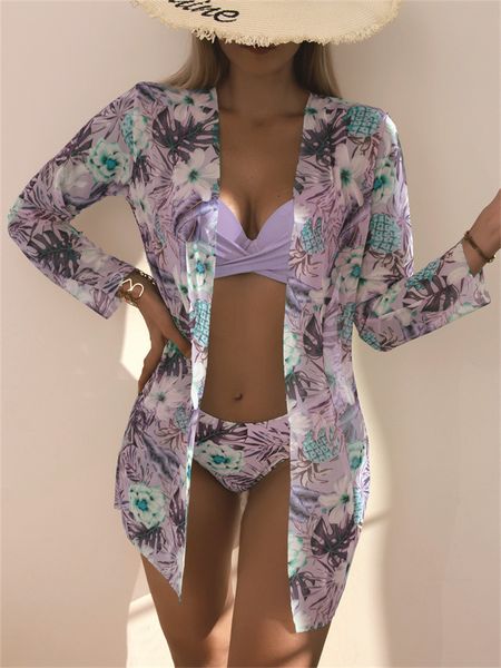 

women's swimwear bikini swimsuit women print three pieces push up bikinis set cover beach long sleeve brazilian bathing suit 230422, White;black