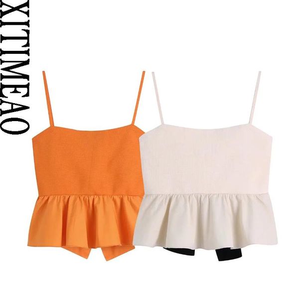 

t-shirt xitimeao women fashion with bow ruffled knit tank vintage straight neck thin straps female camis mujer, White