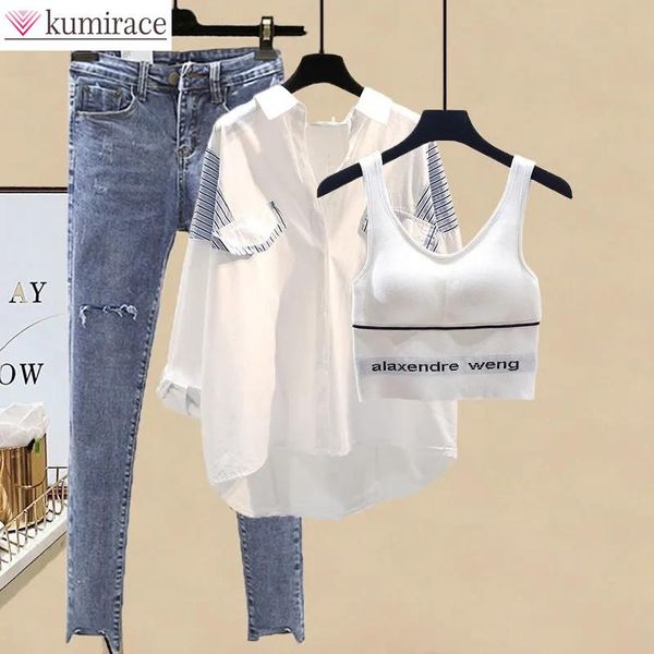 

pants 2022 summer new loose casual elegant women's pants set white shirt vest pierced jeans three piece set female blouse tracksuit