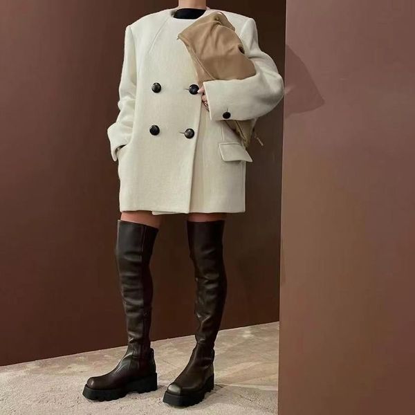 

fur 2021 autumn and winter new retro doublebreasted woolen women coat, Black