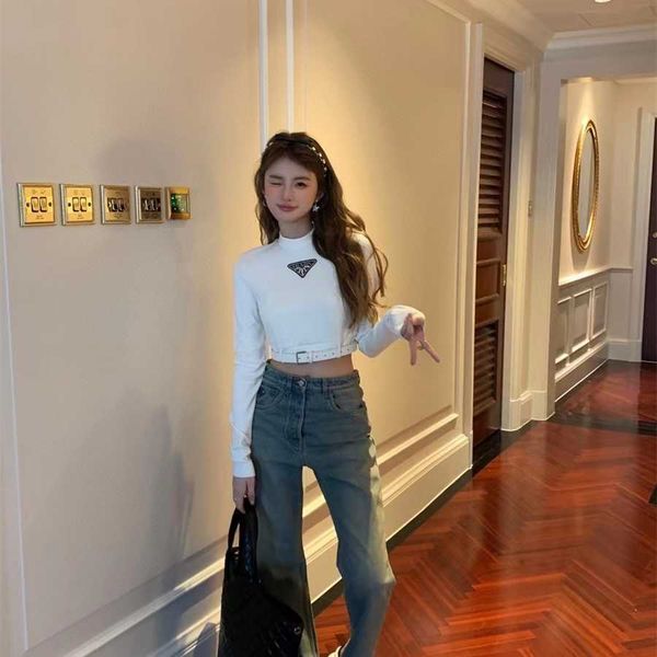 

36% off family spring/summer new spicy girls fashion triangle stapled diamond short slim fit t-shirt with belt, White