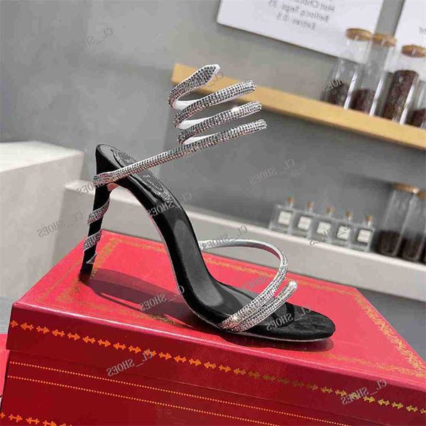 

designer women sandals snake strass stiletto high heel rene caovilla margot jewel sandal crystal gold dress shoes fashion summer pumps, Black