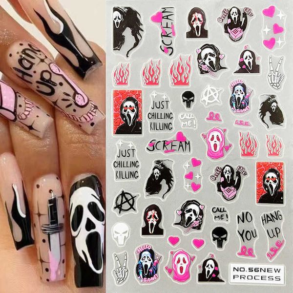 

stickers decals halloween 3d ghost face fire nail sticker autumn leaves snowman design spider pumpkin christmas nail sliders manicure decals, Black