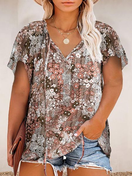 

t-shirt 4xl 5xl plus size blouse shirt woman 2022 fashion summer v neck short sleeve floral print casual chiffon blouse ladies, Black