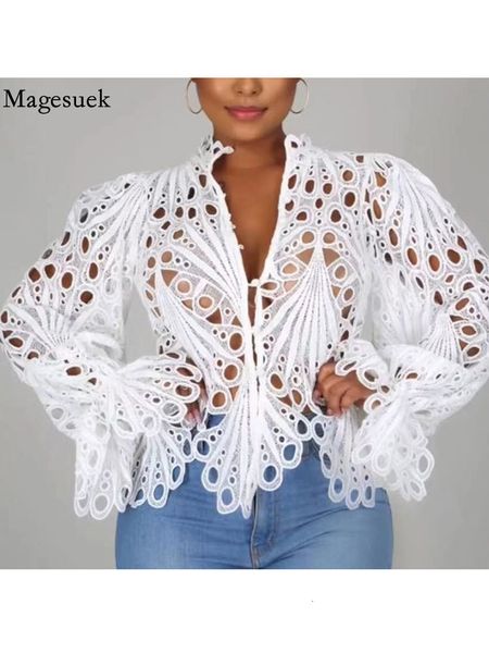 

women's blouses shirts casual lantern long sleeve stand collar shirts lace hollow out short blouse female elegant redpinkwhite loose 1, White